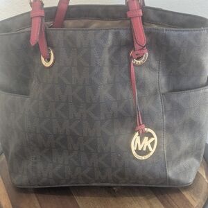 Michael Kors Jet Set Travel Brown MK Monogram Tote Red Leather Lg. Shoulder Bag